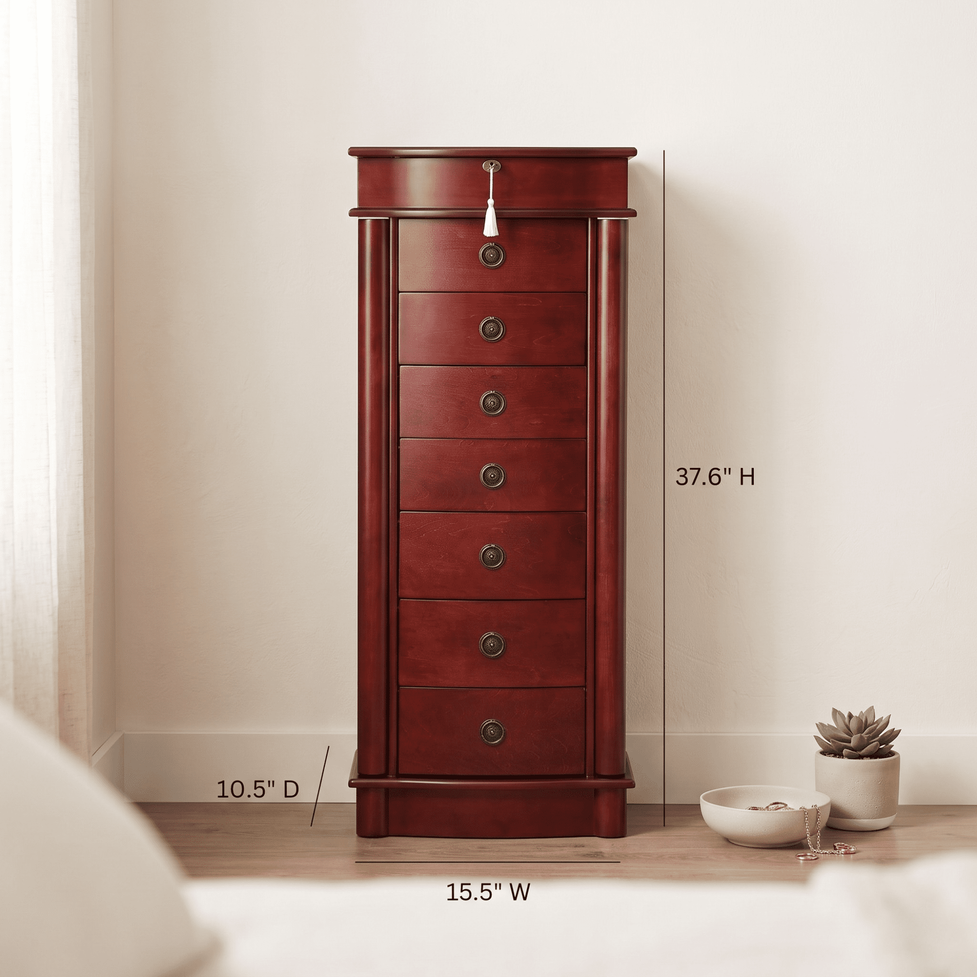 Hives and Honey Nora Traditional Jewelry Armoire with Locking Compartment and Ample Storage, Cherry