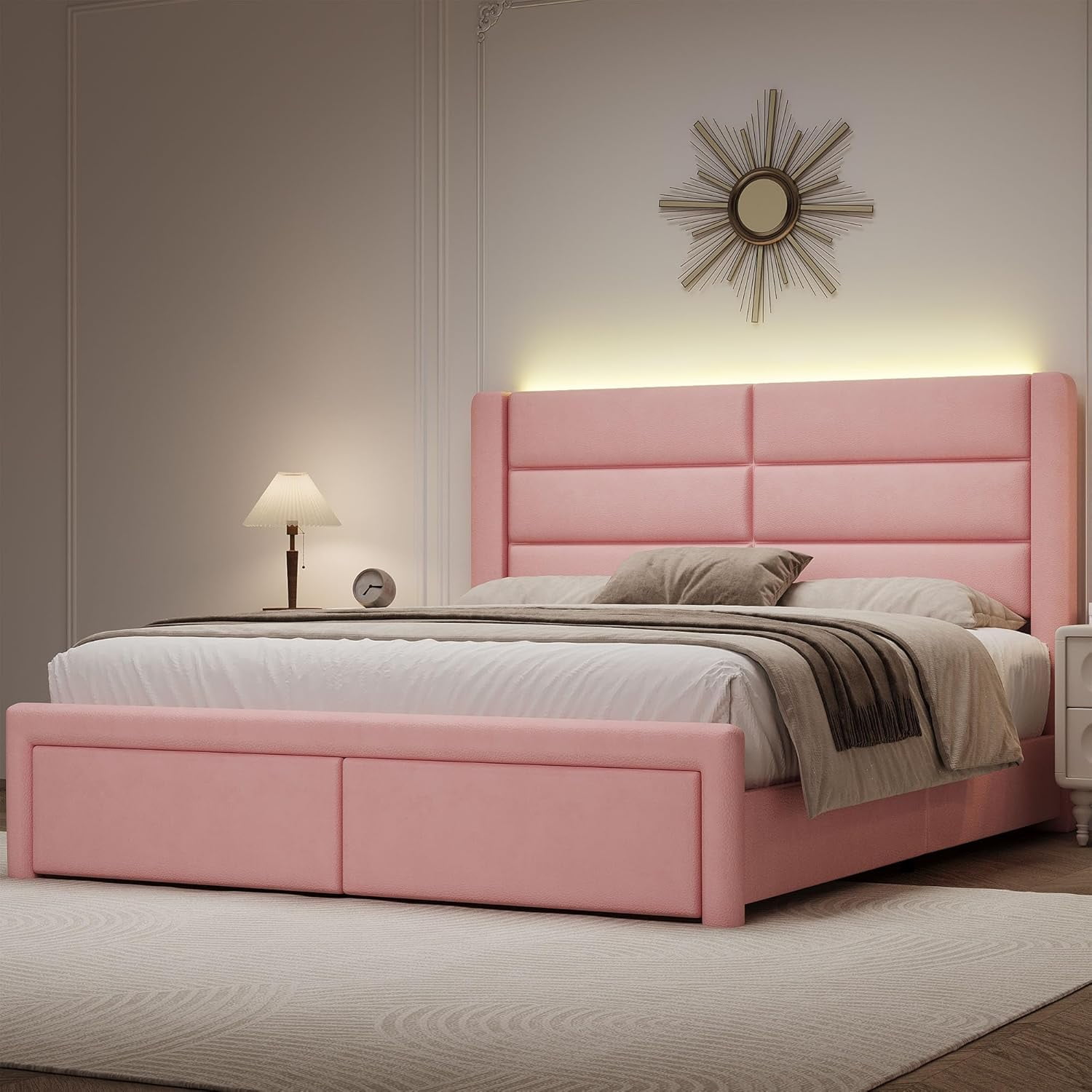 4 EVER WINNER Full Bed Frame with LED Light, Modern Upholstered Platform Bed Frame Headboard and Footboard, Pink Full Size Bed Frame, Pink