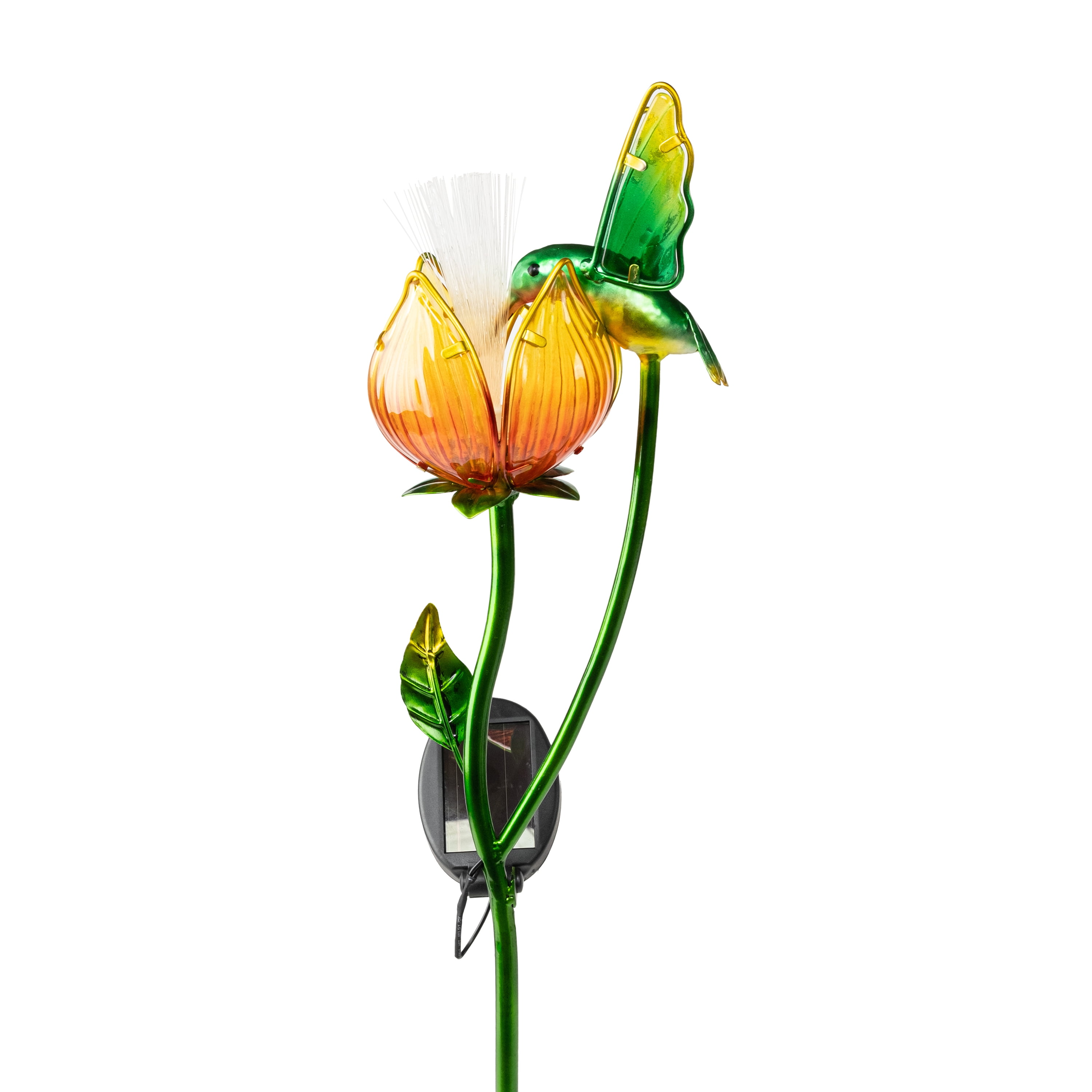 Better Homes & Gardens Solar LED Flower With Hummingbird Glass & Metal Stake Light Outdoor Décor, 5.7"W x 6.5"D x 28.1"H, 1.1 lb weight