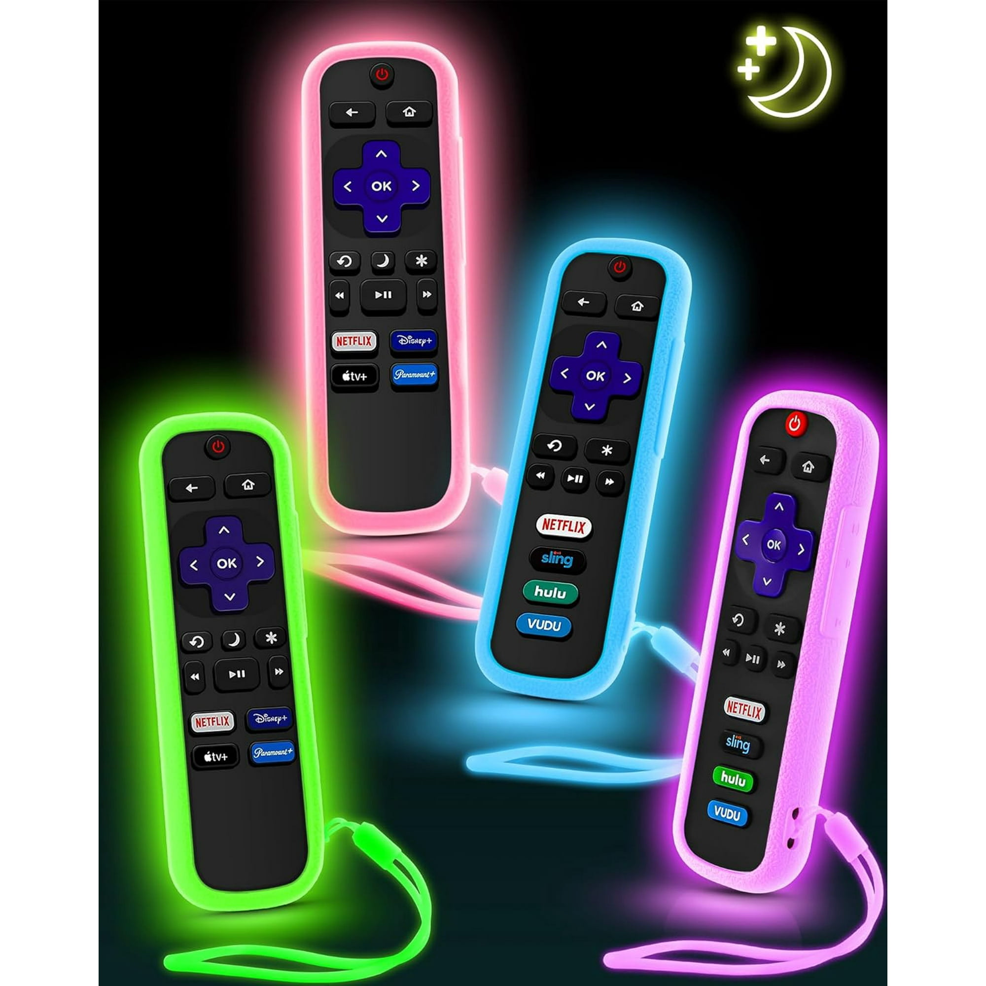 4 Pack Remote Cover for Roku, The Remote Case Compatible with Roku Voice Remote Official, Silicone Universal Protective Controller Sleeve for Roku TV Remote Glow in The Dark with Lanyards