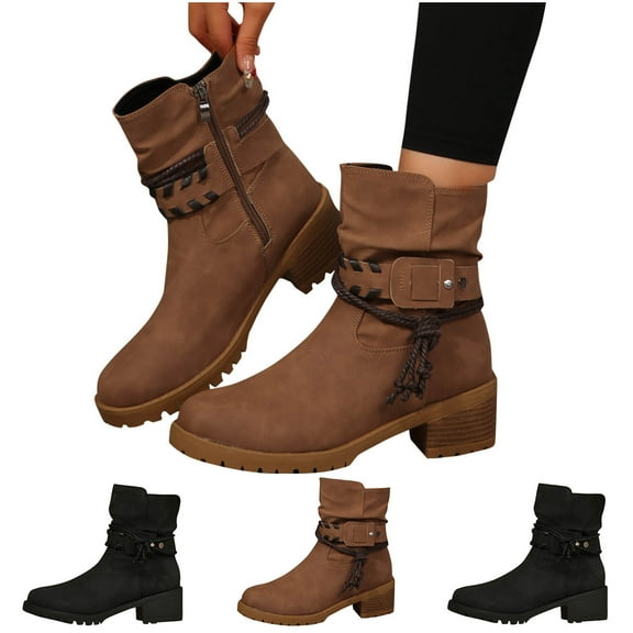 Black Booties TKYCMSUAKI Women's Block Heel Boots Fringe Tassel Western Ankle Booties Side Zipper Chunky Heel Ankle Booties Pointed Toe Short Boots