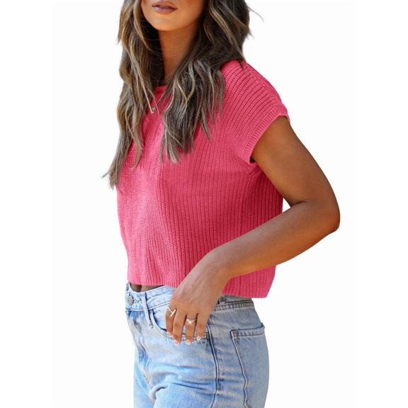 Women'S Summer Cropped Sweater Vest Trendy Cap Sleeve Crop Tops Crew Neck Loose Knit Tank Top Rose Red M