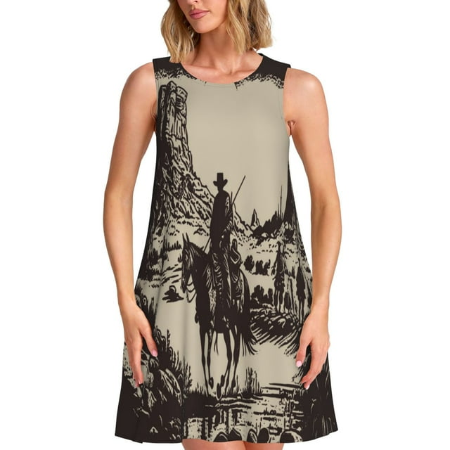Fotbe Western Desert Cowboy Vestido de Verano sin Mangas para Mujer – Vestido Midi Línea A, Estilo Camiseta Floral, Vestido Playero Casual y Fluido