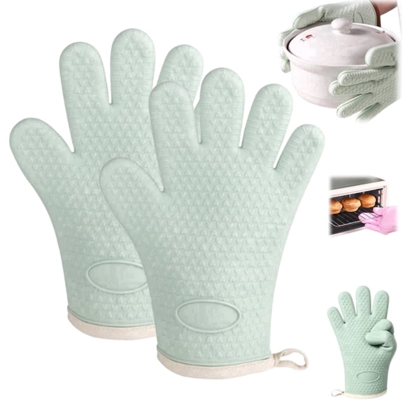 Silicone Oven Mitts with Fingers, Heat Resistant 450°F Waterproof Non-Slip Oven Gloves, Cotton Lined Kitchen Mitts for Home, Baking, BBQ, 2 Pcs (Green)