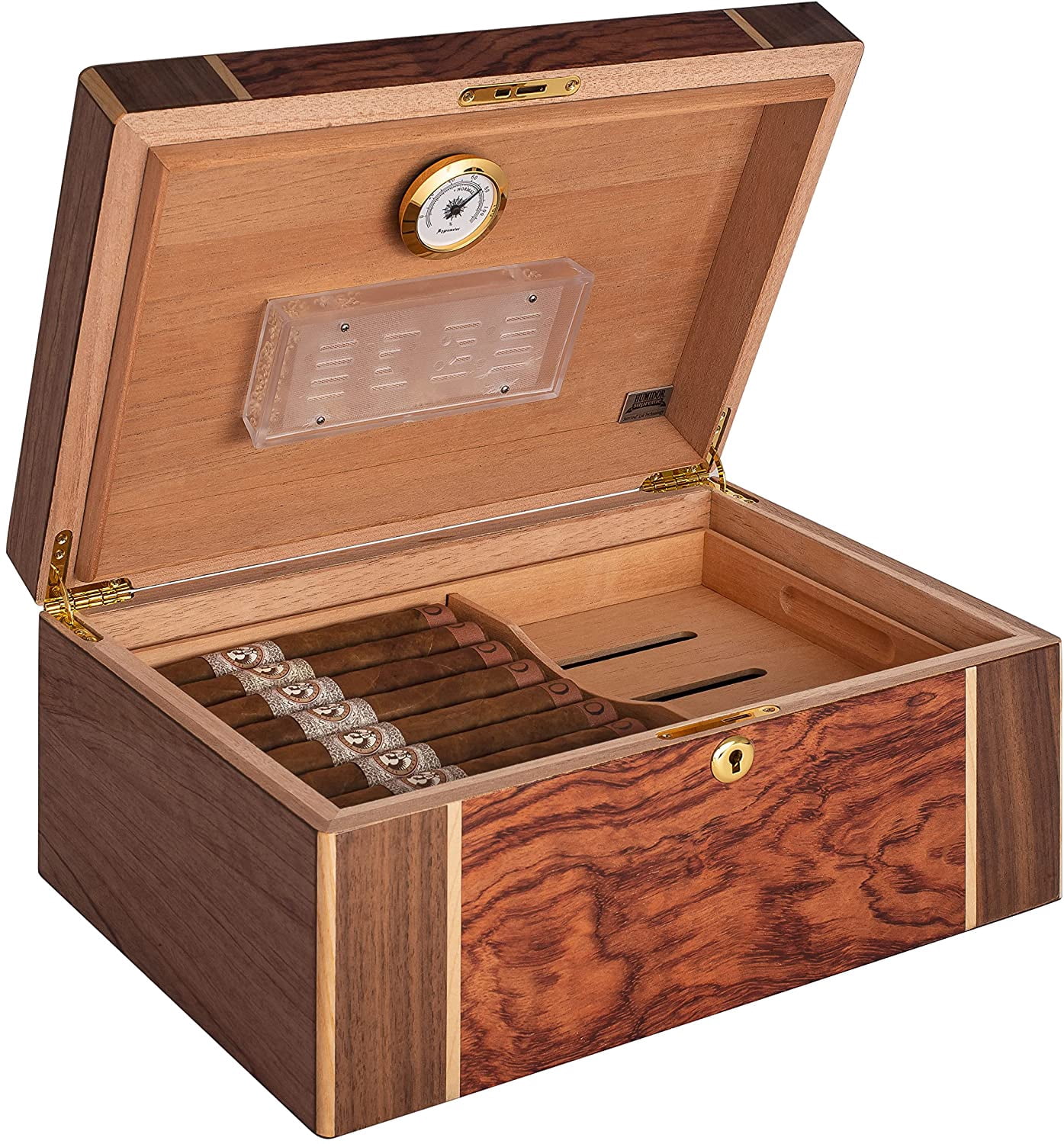 Humidor Supreme Amarone Desktop Cigar Humidor, High-Gloss Walnut, Mapa Burl Bubinga Wood