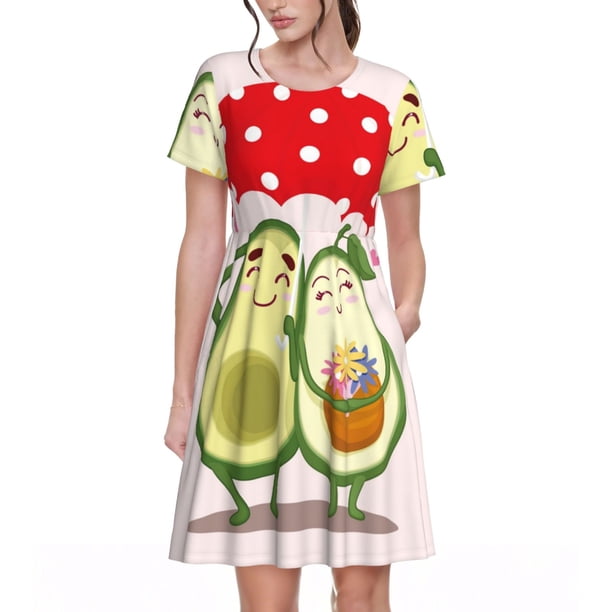 Balery Avocado Lovers Wearing Umbrella Vestidos sueltos de manga corta para mujer, vestidos de verano 2025, vestidos casuales de corte A con vuelo.