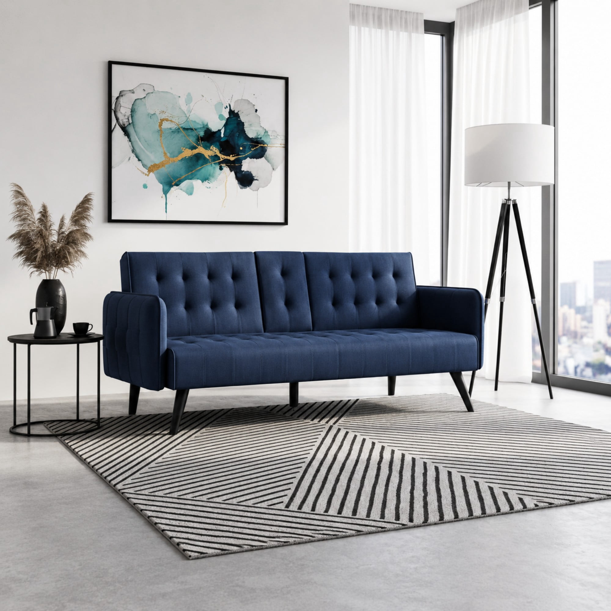 BSHTI 72" Linen Sleeper Sofa Bed with Folding Backrest,Adjustable Back, Drop-Down Table with Cup Holder for Living Room（Dark Blue）