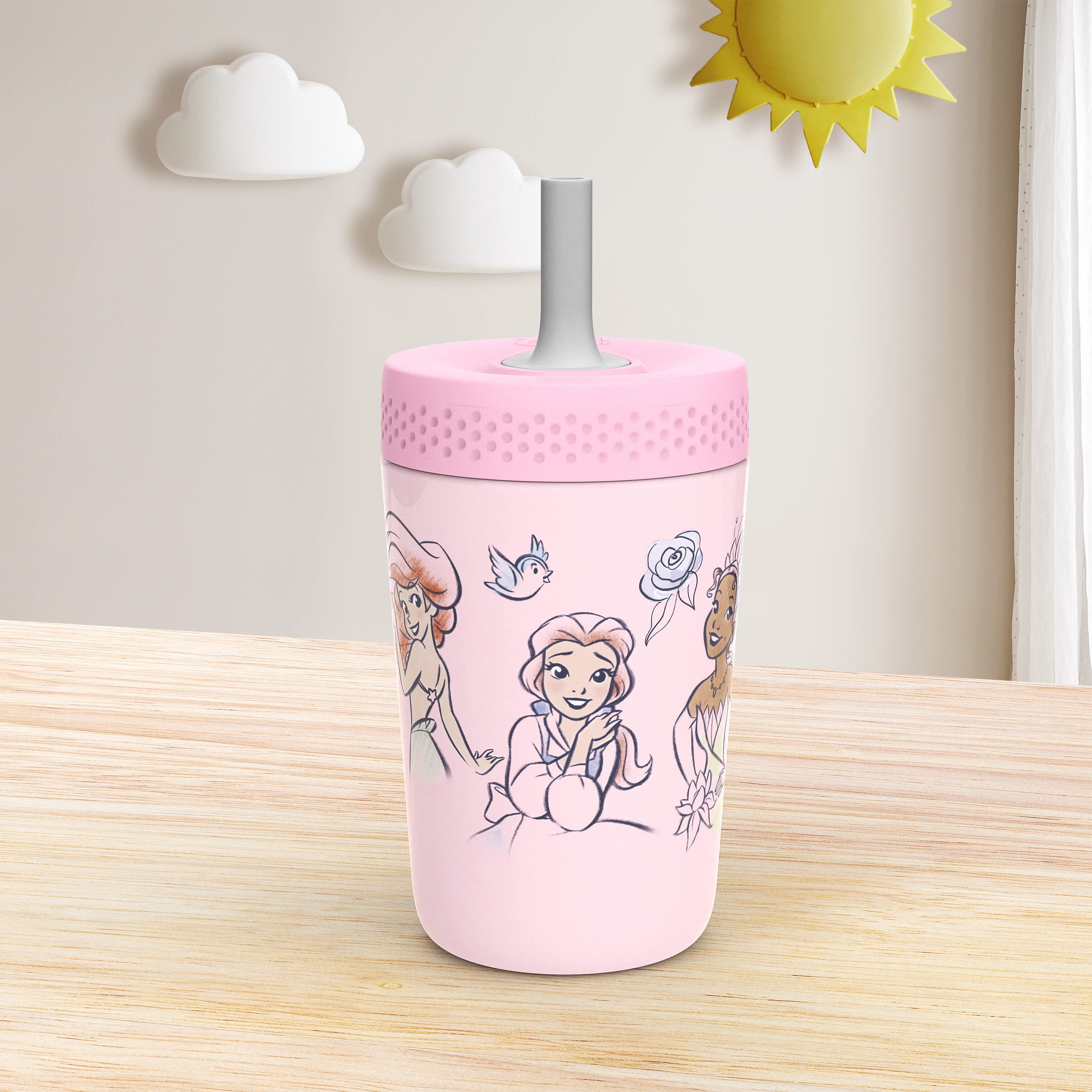 Zak Designs 12oz Kids Straw Tumbler, Stainless Steel Vacuum Insulated Kincaid Tumbler with Silicone Straw Utilizing Leak-Proof Valve, Travel Straw Tumbler, Disney Princess