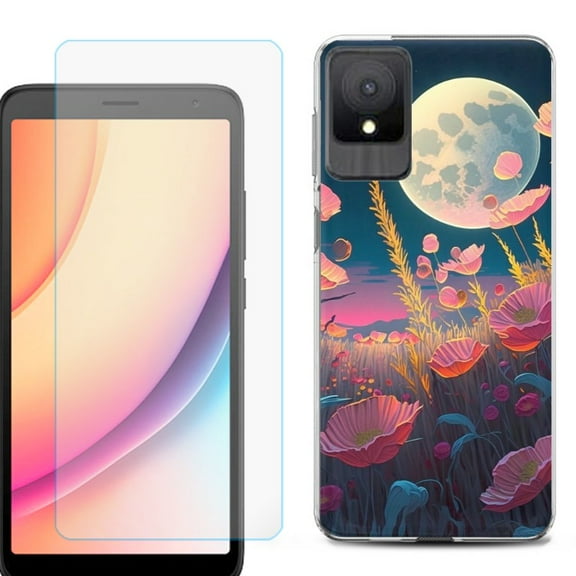 For TCL K11 Phone Case Cover, Shockproof Case with Tempered Glass Screen Protector, by OneToughShield - Moon Poppies