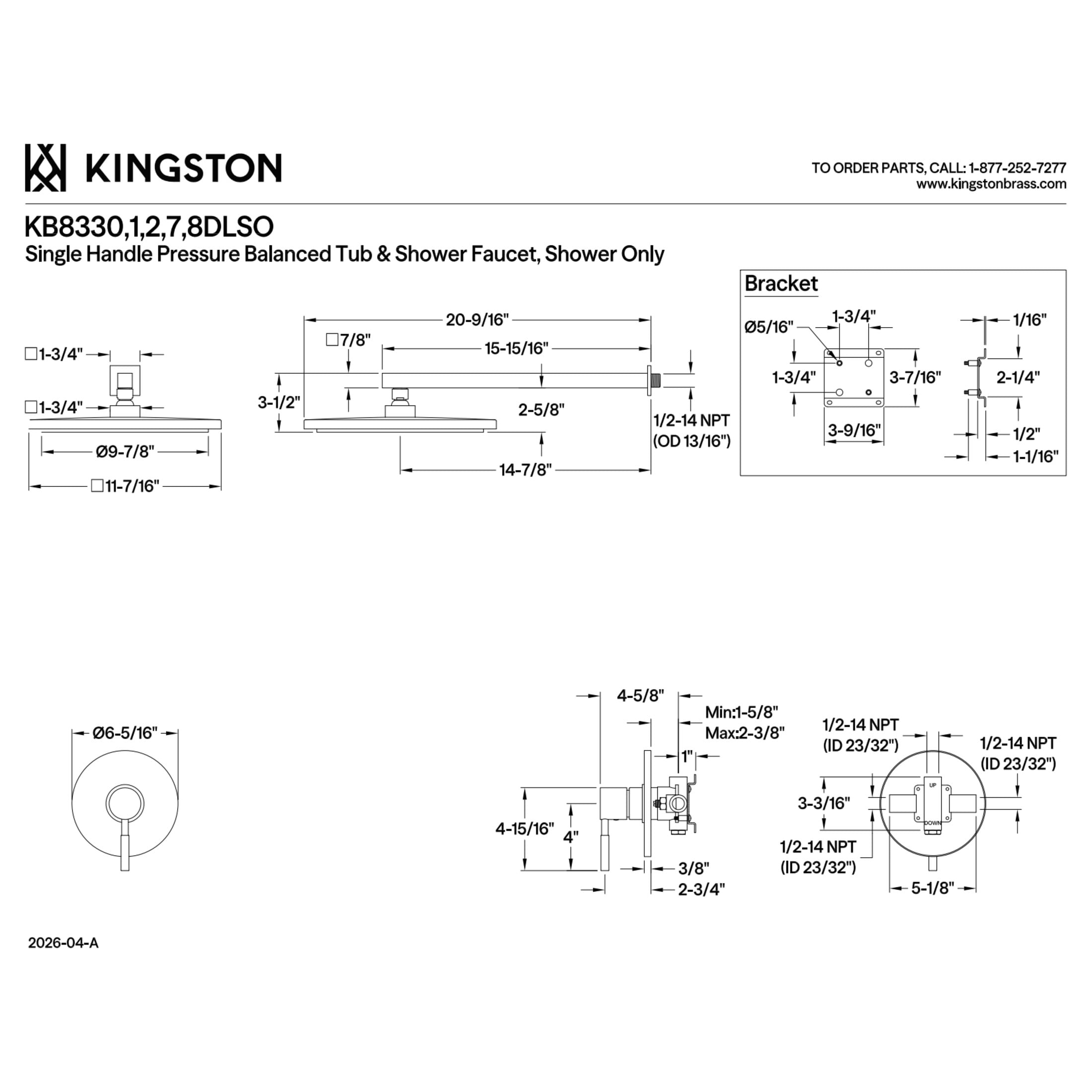 Kingston Brass KB8332DLSO Concord Single-Handle Pressure Balanced Shower Faucet, Polished Brass