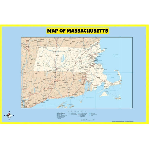 Massachusetts Map Poster - Laminated Wall Map - Style D - 18x24 - Ideal for Classrooms and Homes – Features Bright Colors and Vivid Imagery