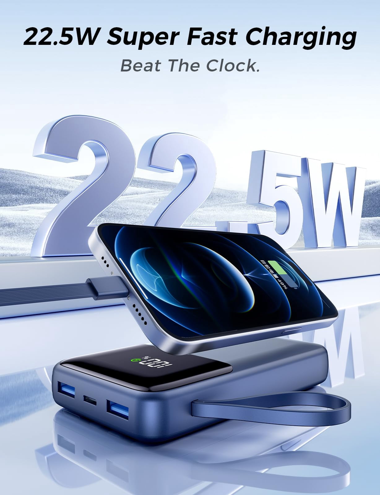 Power Bank, 15000mAh Portable Charger with Built in Cable, 22.5W Fast Charging, 6 Outputs, Slim Travel Essential Battery Pack with LED Display, Compatible with iPhone 17/16/15/14/13, Samsung, iPad