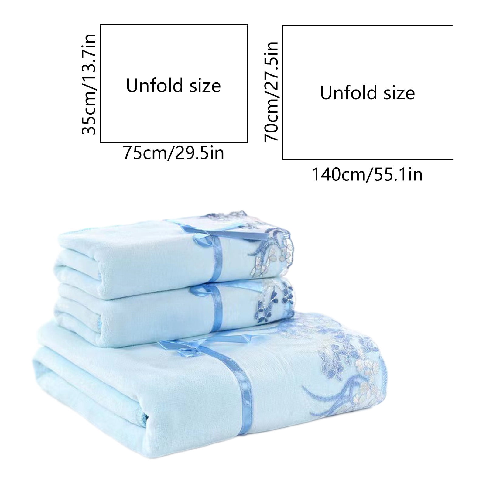 3-Piece Embroidered Bath Towel Set - Soft Absorbent Cotton Gift Towels with Lace Trim for Spa/Bathroom (Blue)​