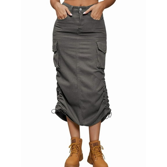 Denim Skirt Below Knee Length High Waisted Jean Skirts for Women Dark Gray S