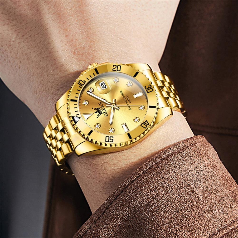 OLEVS Watch for Men Stainless Steel Business Dress Luxury Diamond Big Face Waterproof Mens Watches with Date Analog Wrist Men Watch Reloj para Hombre Gold Dial