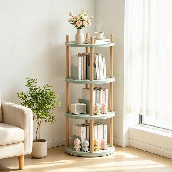 Merronix 4 Tier Rotating Bookshelf, 360° Round Storage Rack with Storage for Living Room & Bedroom