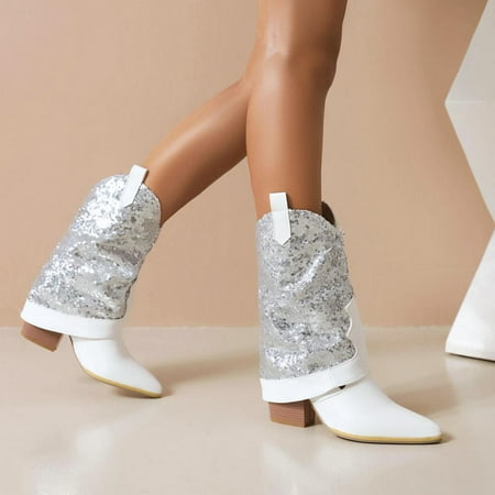 

Tdoqot Winter Boots for Women- Christmas Gifts High-Heels Chunky Heel Casual Women s Mid Calf Boots Silver 36