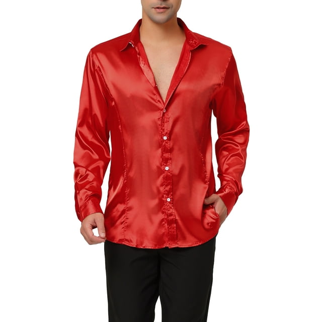INSPIRE CHIC Men's Dress Satin V Neck Long Sleeves Button Down Party Shirts XL Bright Red