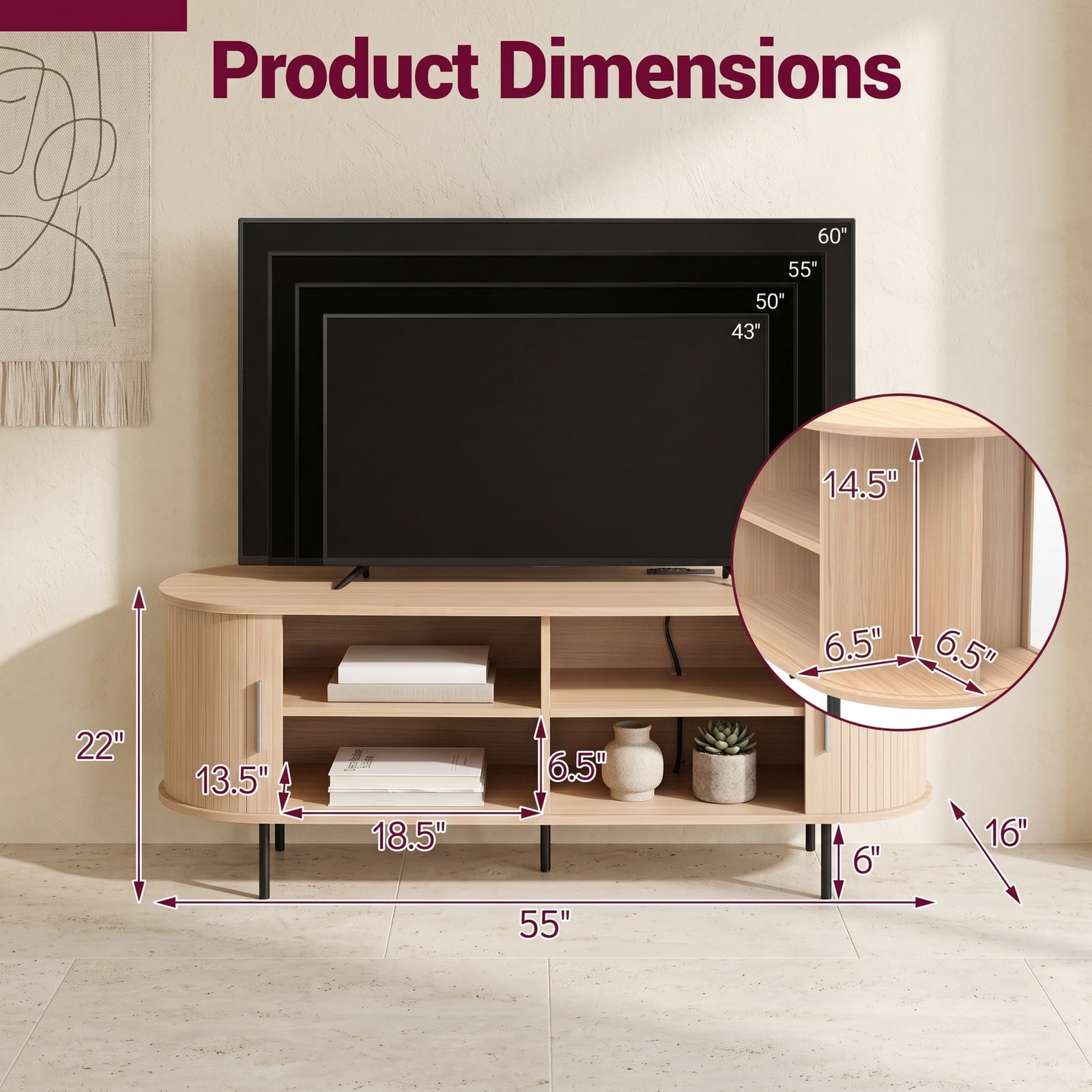 Furnibear Fluted TV Stand for TVs up to 60 Inch, Mid Century Modern Curved Entertainment Center with Open Storage Shelves, Wood Media Console Table for Living, Natural
