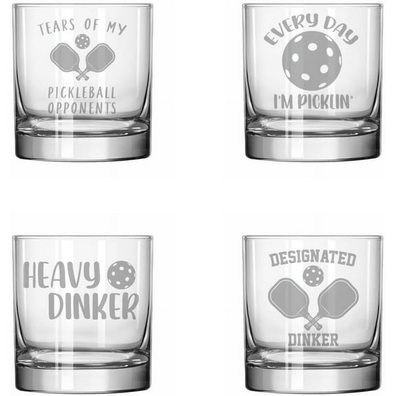Set of 4 Glass 11 oz Rocks Whiskey Glass Gift Funny Pickleball Collection