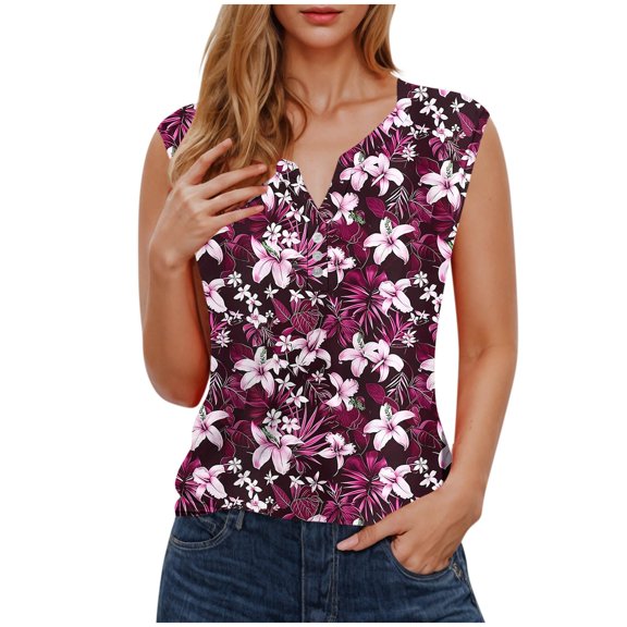 Ruimatai Women's Sleeveless V-Neck Blouse Casual Floral Print Button Down Tank Top Summer Loose Fit Comfortable Stretchy T-Shirt