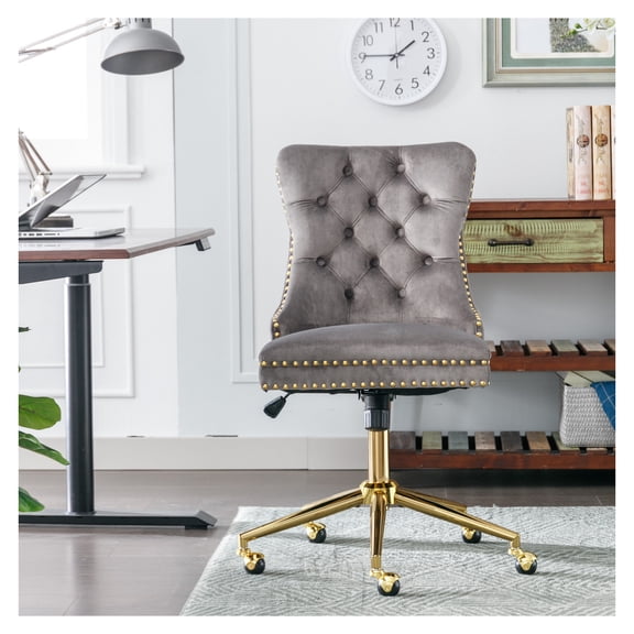 A&A Furniture Office Chair, Upholstered Tufted Button Home Office Chair with Golden Metal Base,Adjustable Desk Chair Swivel Office Chair (Gray)