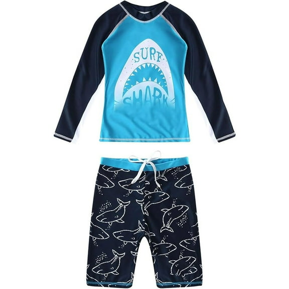 Boys Two Piece Rash Guard Swimsuits Sets Kids Long Sleeve Shirts Shorts Sets Sunsuit Graphic Beach Swimwear Sets,2XL(6-7 Years),A-Blue