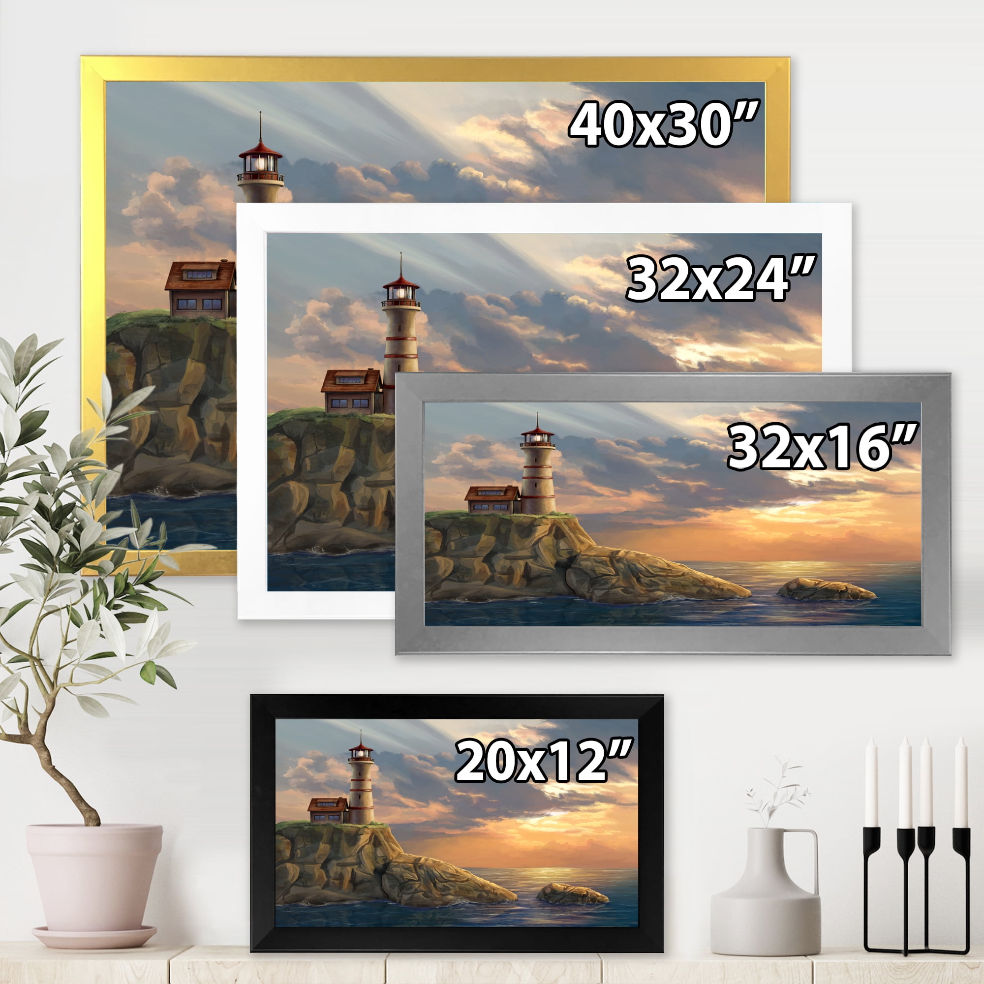 Designart 'Lighthouse On A Rocky Coastal Cliff At Evening Light' Nautical & Coastal Framed Art Print