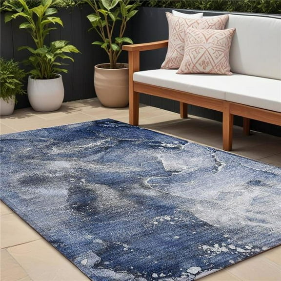 HomeRoots 560316 8 x 10 ft. Blue & Gray Abstract Washable Non Skid Indoor Outdoor Rectangle Machine Woven Area Rug