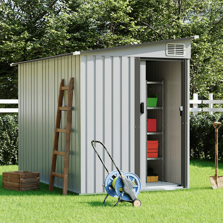 7x5 ft Outdoor Storage Shed with Sliding Lockable Door and Vents, Metal  Garden Shed Tool Bike Shed Pet House Garbage Room for Backyard, Patio,  Lawn, White 