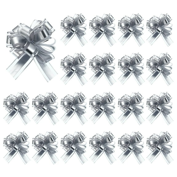 Uxcell 20pcs Pull Bows 6.3 Inches Wide Organza Ribbon Bows for Gift Wrapping Birthday Baskets Decoration Silver Tone