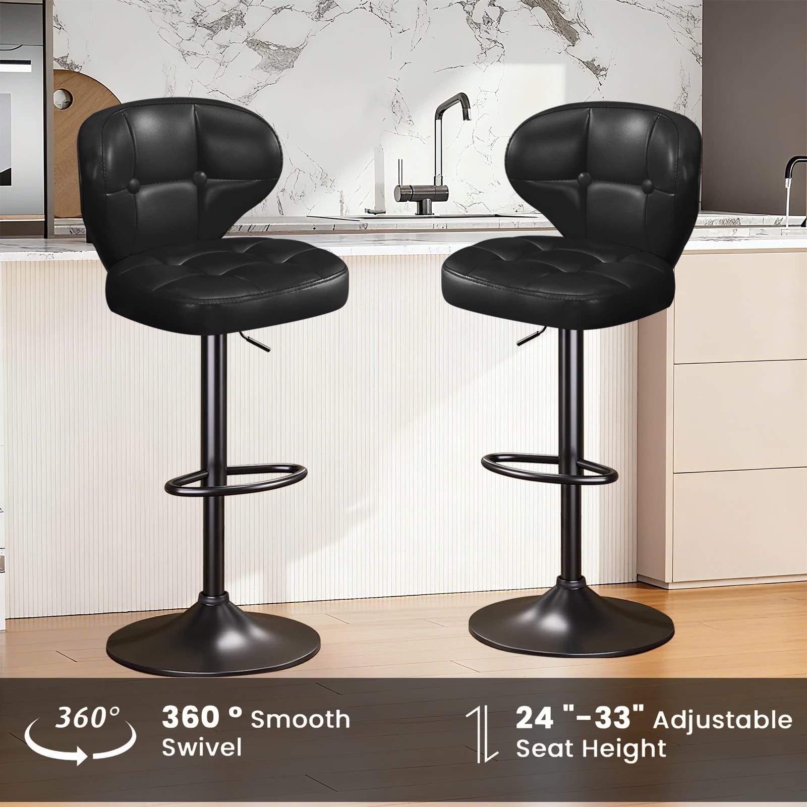 Bar Stools Set of 2, Adjustable Swivel Bar Chairs with 360° Rotation, Padded Counter Stools with Back and Footrest for Kitchen Island, Bistro, Cafe, and Home Use