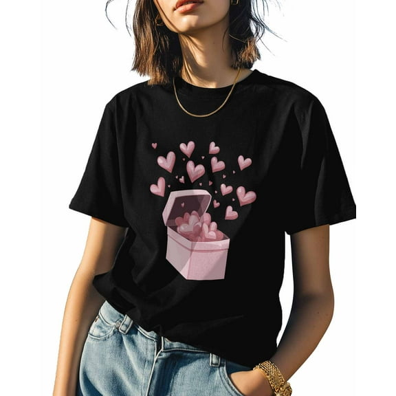 Women's T-Shirts, Valentine Pink Heart Box Cotton Crewneck Tee Short Sleeve Casual Tops Loose Graphic T-Shirt Black, M