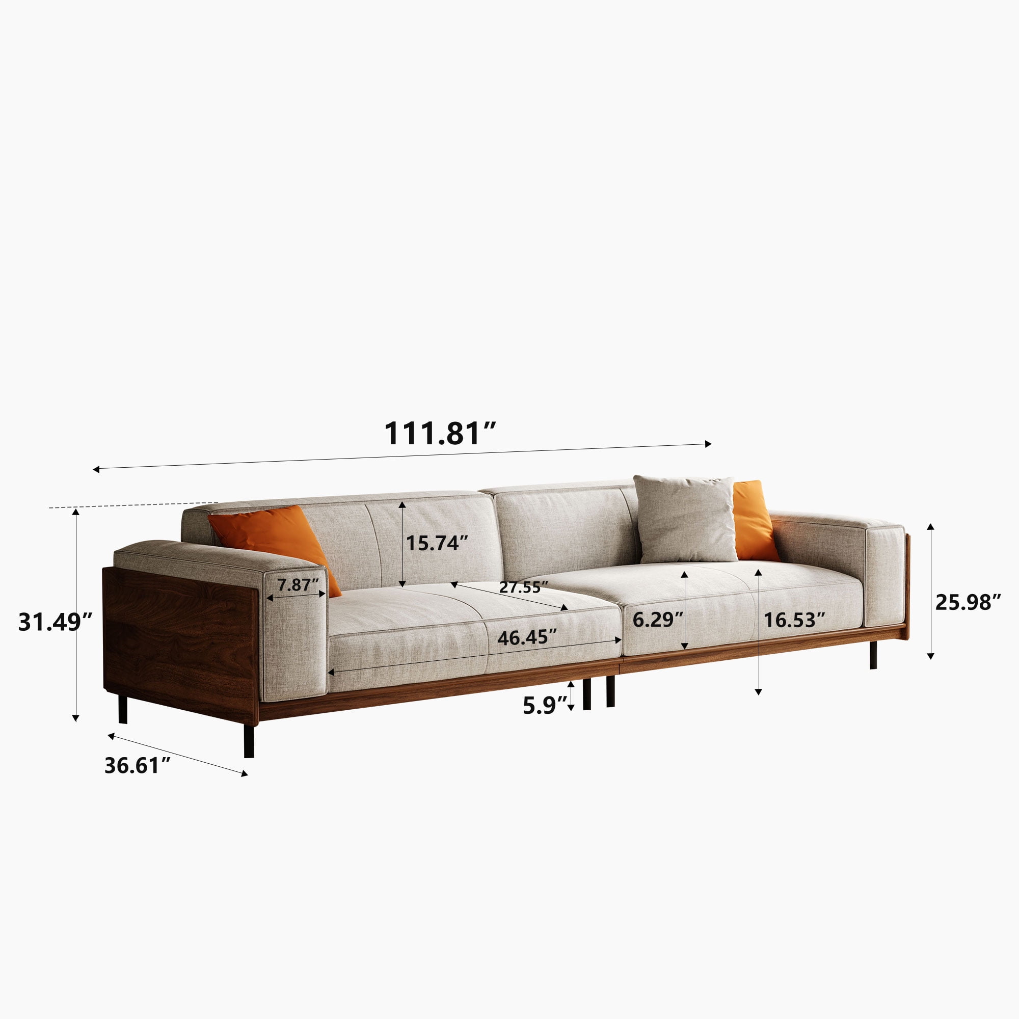 NessCarsti Mod. 4-seater sofa - Timecloud couch, wood frame/metal legs,suit office/apartment/living rm, 111.81", grey