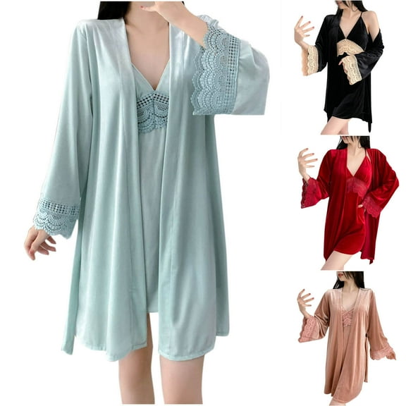 AINIYS V Neck Velvet Lace Trim Sleep Dress and Robe Set, Solid Color, Adjustable Straps, Women's Pajama Nightwear for Relaxing Nights Wine L