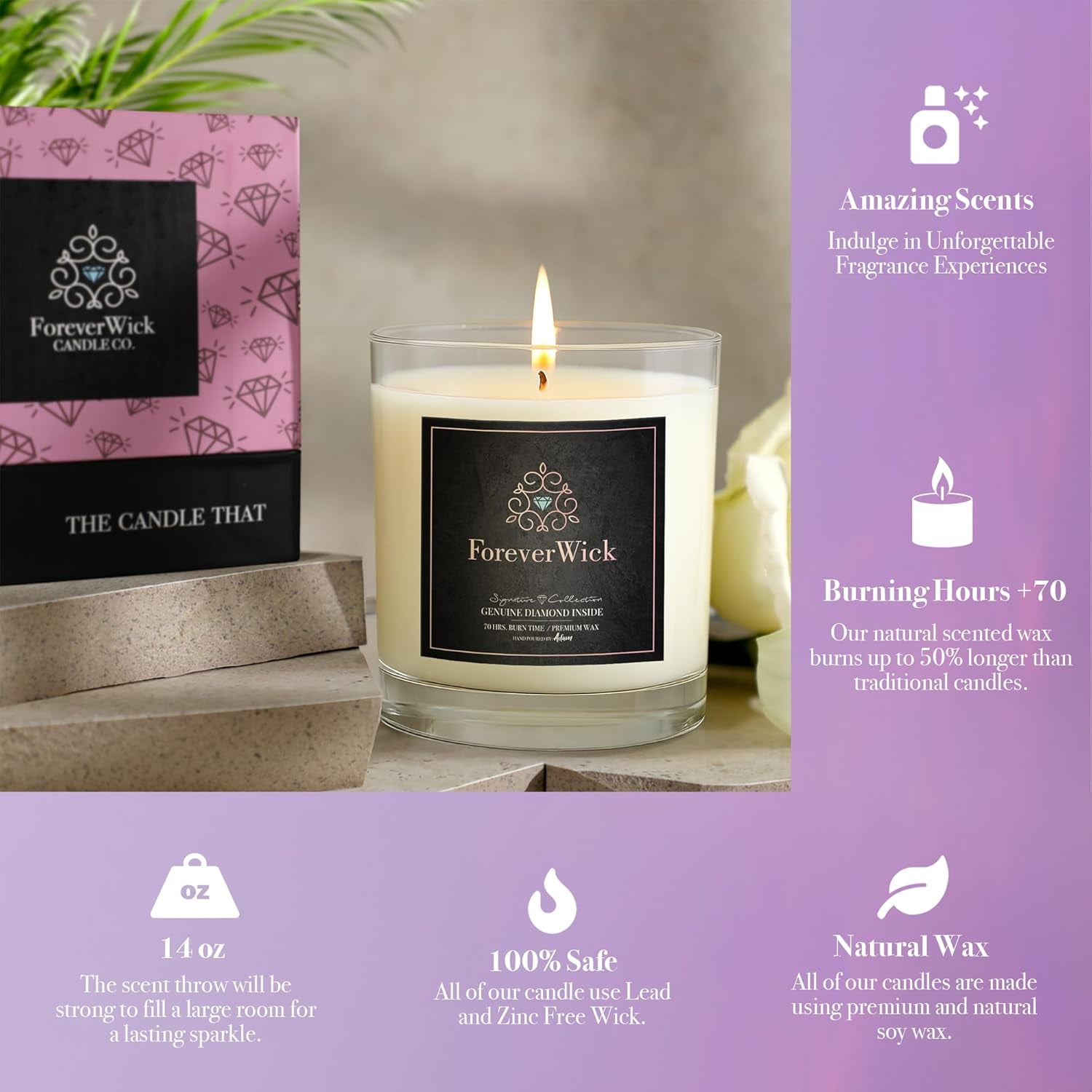 ForeverWick Surprise Candle with Diamond Inside | Foreverwick Candles | Fruit Scented Soy Candles Gifts for Women Aromatherapy Candle Wax | All-Natural Organic Soy Candle 14oz | 70h