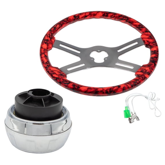 Truck Steering Wheel Kit - 18" Wood 4-Spoke Chrome Steering Wheel with Red Pattern & Adapter with Screw Set, Fit with Peterbilt (1998–2005), Kenworth (2001–2002) & Freightliner Truck