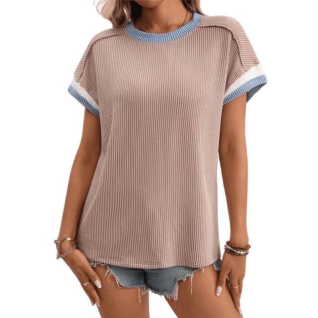 Blusa Informal de Corta con Cuello Redondo y Bloques de Color Acanalados para Mujer Caqui Oscuro XL