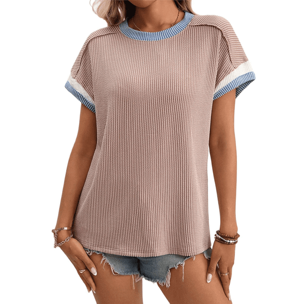 Blusa Informal de Corta con Cuello Redondo y Bloques de Color Acanalados para Mujer Caqui Oscuro XL