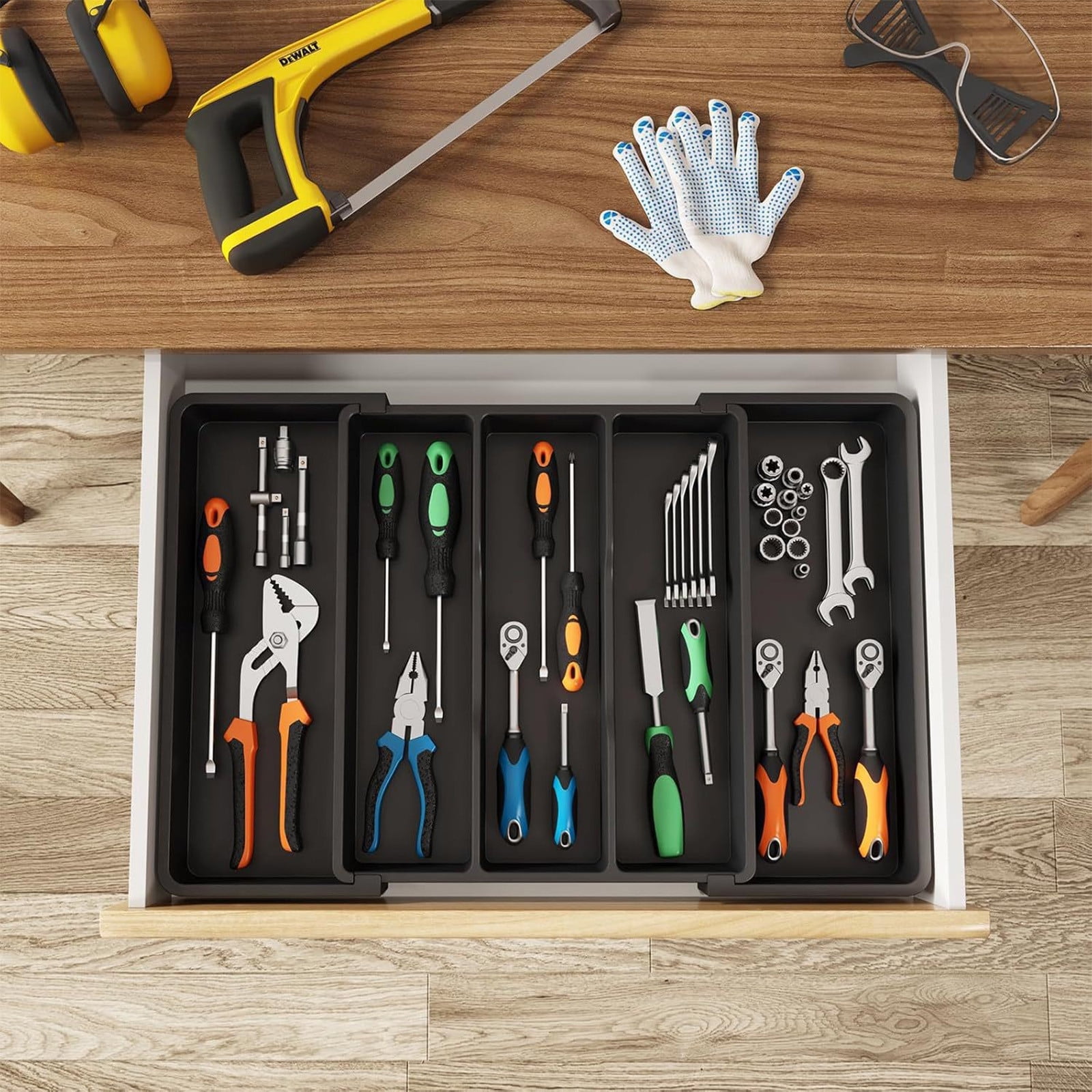 Silverware Organizer,Utensil Drawer Organizer,Drawer Storage Box,Kitchen Drawer Organizer,Plastic Cutlery Drawer Boxes for Kitchen and Household(Black 5pcs/Set 15.1x13.3x2.16in)from ANMUYUM