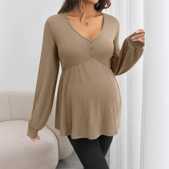 Women's Maternity Tops Pregnancy Shirts Long Sleeve Maternity Ribbed Sweaters Khaki L