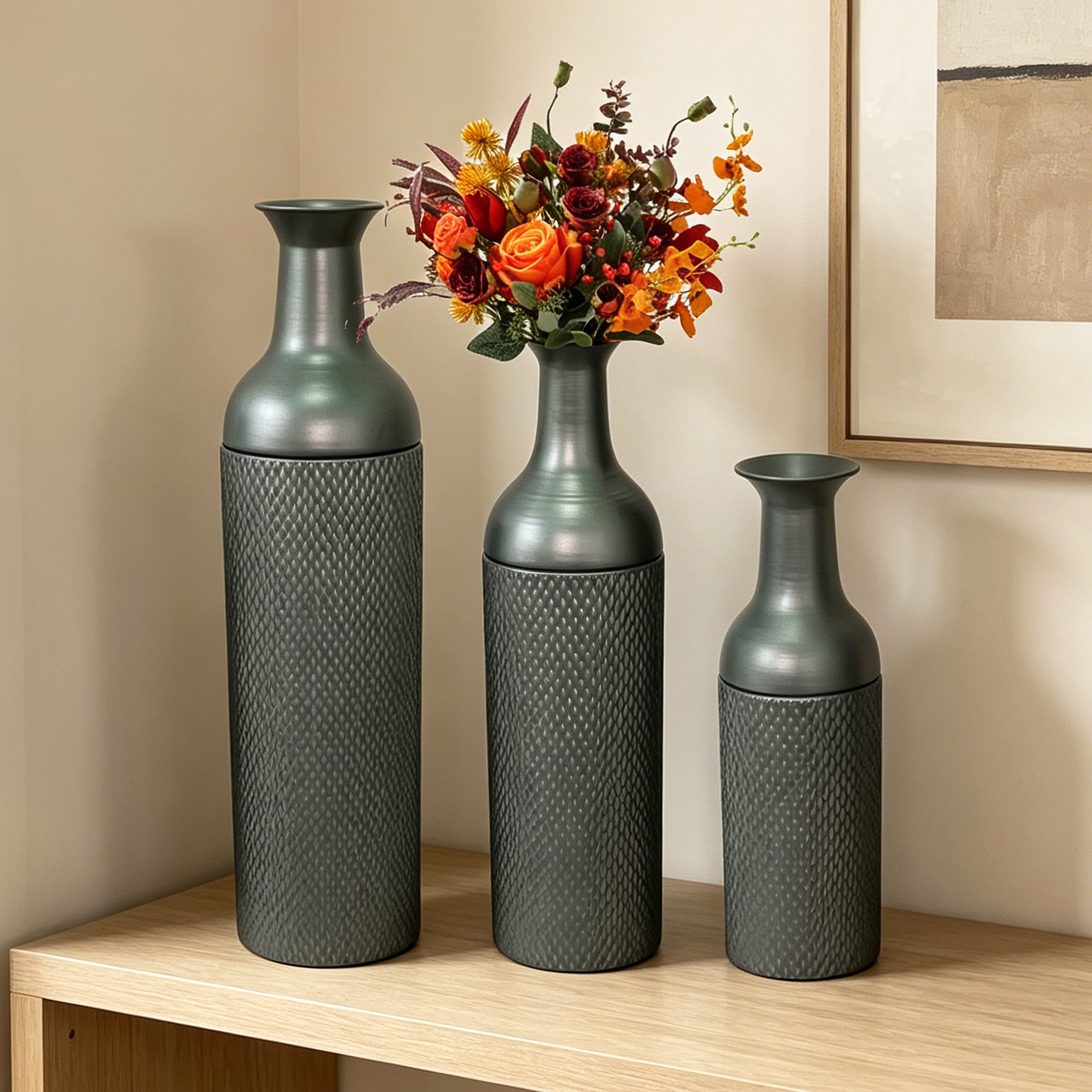 Metal Floor Vases Set of 3 with Leaf Pattern, Tall Decorative Vases and Home Decor Accents for Living Room Entryway, Black and Silver