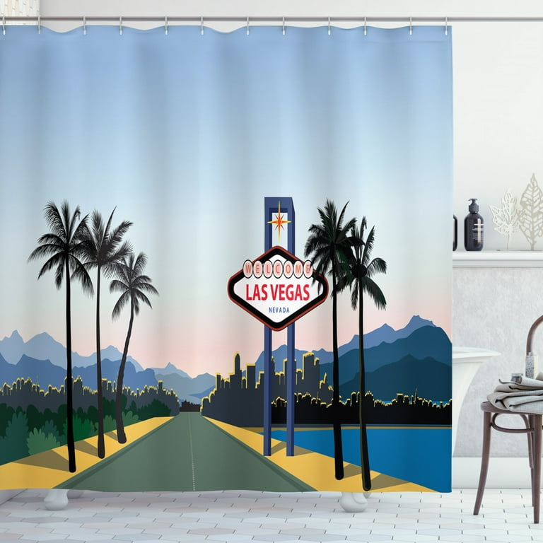 Las Vegas Shower Curtain, Silhouette of the City with a Welcome Sign Nevada  State America in Cartoon Design, Fabric Bathroom Set with Hooks, 69W X 70L  Inches, Multicolor, by Ambesonne 