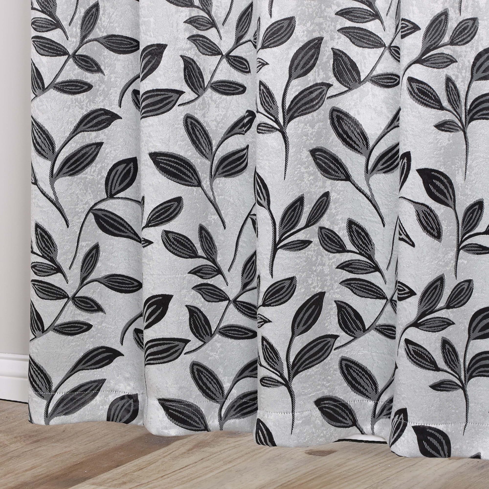 Superior Blackout Leaves Curtains Set of 2, Light Filtering Grommet Curtain Panel Set, Silver-Black, 52"W x 108"L