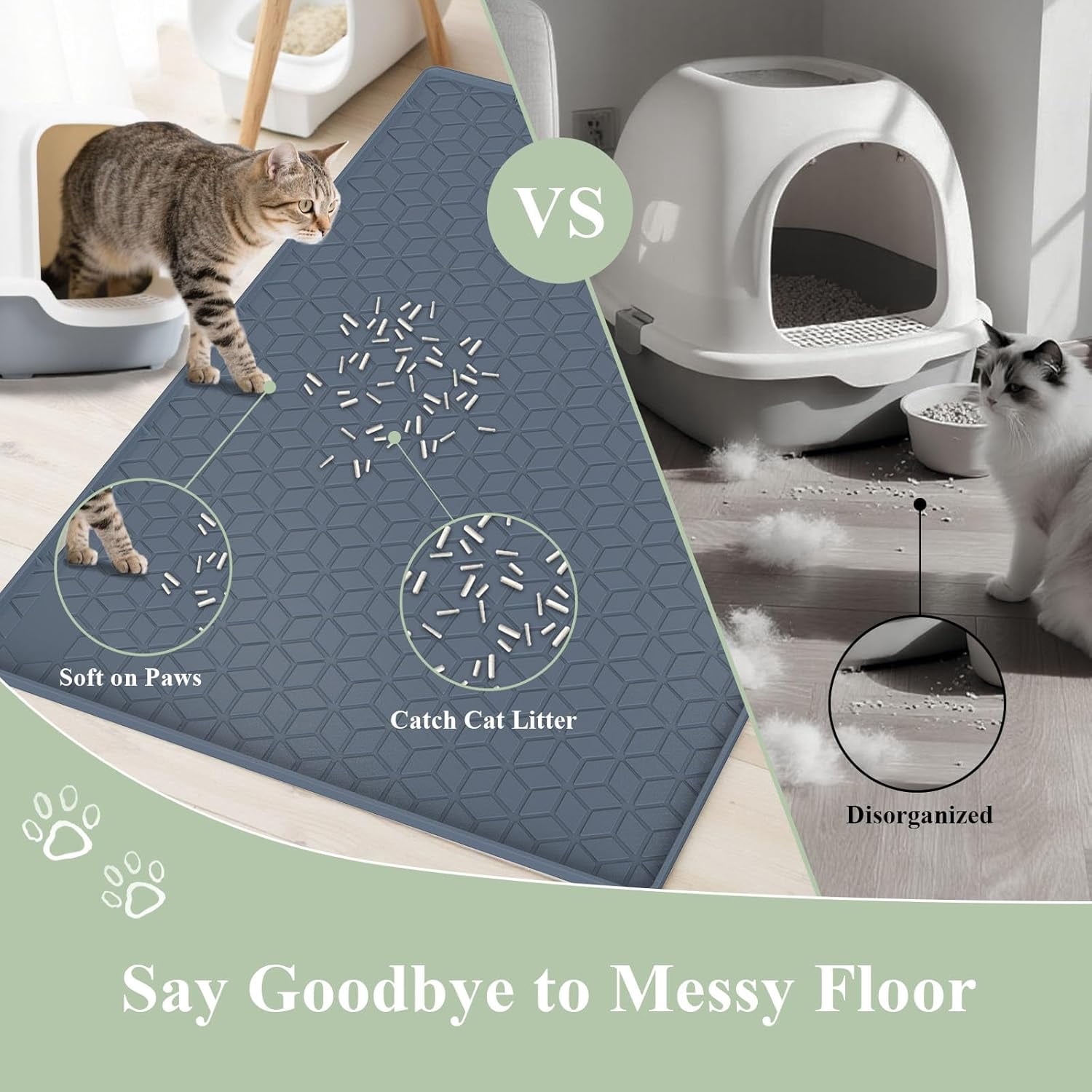 Cat Litter Mat, ODDPC Large 34" X 22" Cat Litter Mat,Silicone Litter Cat Mat with Food Mat, Water Proof&Easy to clean,Grey