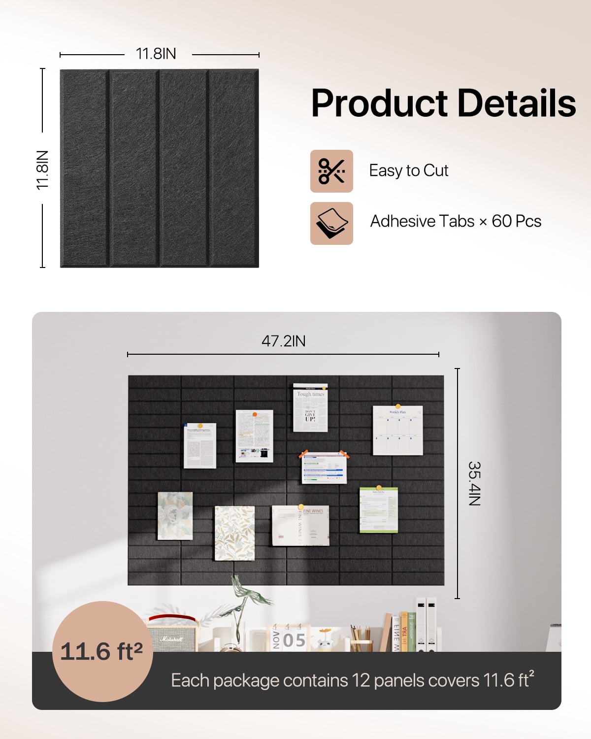 Large Cork Board, 12 Pack 12"X12"X0.4" Felt Bulletin Board Tiles with Self Adhesive for Wall Home Office Decor, Pin Cork Boards-Black
