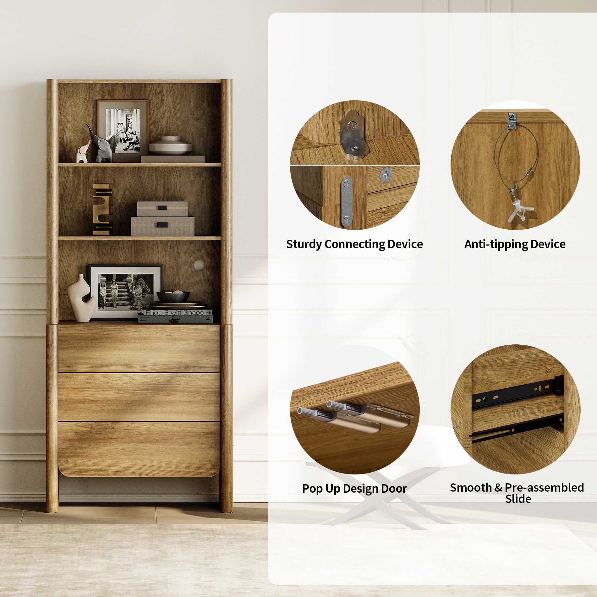 94.5-Inch Modern French Bookcase with Curved Edges, 9 Drawers and Open Shelving, 72.8" Tall, Walnut