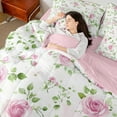 thumbnail image 3 of Manfei Pink Flower Floral 7-Piece Twin Bedding Sets,Romantic Rose Bedding Comforter Set,Green Leaves Sheet Sets For Girl Child,Ultra Soft Home Decor Reversible, 3 of 7