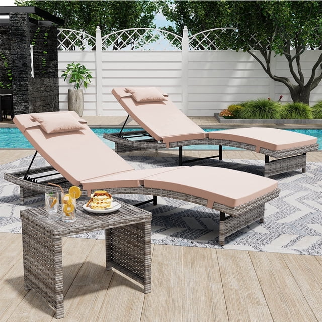 Danrelax Ensemble de 3 Chaises Longues Inclinables, Dossier Moderne Réglable et Table d'Appoint, Beige