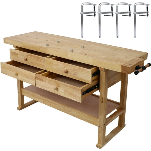 LiviNest 60in Wooden Workbench with 4 Drawers & F Clamps - Heavy Duty Rubber Wood Construction 330lb Capacity - Professional Workshop Table for Woodworking & Garage Projects